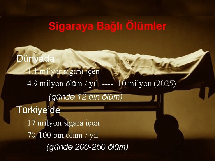 Sigaraya Bağlı Ölümler Dünyada 1. 1 milyar sigara içen 4. 9 milyon ölüm /