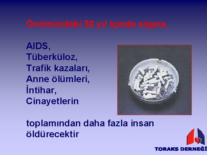 Önümüzdeki 30 yıl içinde sigara, AIDS, Tüberküloz, Trafik kazaları, Anne ölümleri, İntihar, Cinayetlerin toplamından