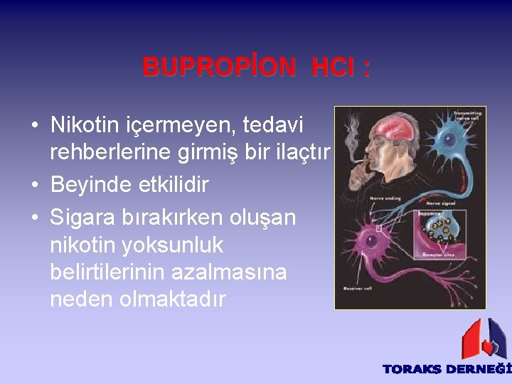 BUPROPİON HCl : • Nikotin içermeyen, tedavi rehberlerine girmiş bir ilaçtır • Beyinde etkilidir