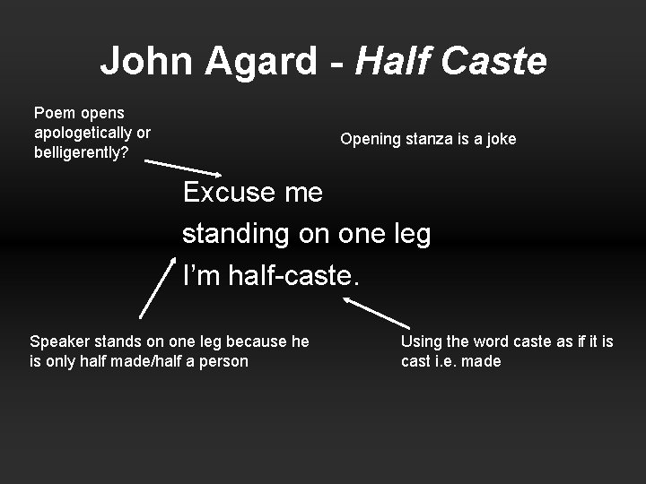 John Agard - Half Caste Poem opens apologetically or belligerently? Opening stanza is a
