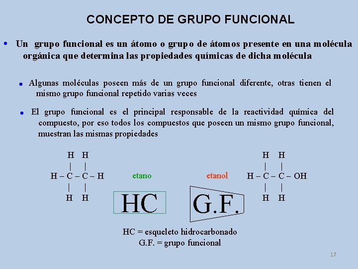 CONCEPTO DE GRUPO FUNCIONAL Un grupo funcional es un átomo o grupo de átomos