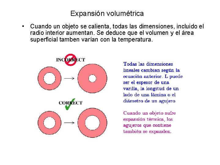 Expansión volumétrica • Cuando un objeto se calienta, todas las dimensiones, incluido el radio