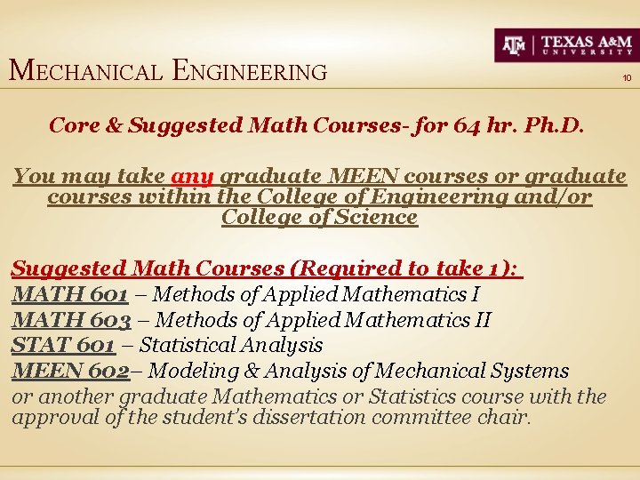 MECHANICAL ENGINEERING 10 Core & Suggested Math Courses- for 64 hr. Ph. D. You