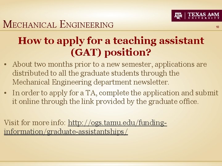 MECHANICAL ENGINEERING 18 How to apply for a teaching assistant (GAT) position? • About