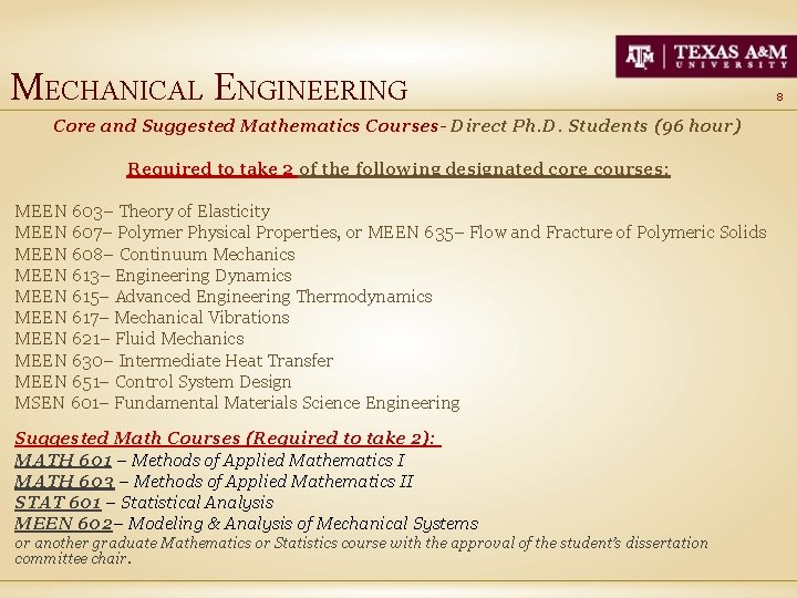 MECHANICAL ENGINEERING Core and Suggested Mathematics Courses- Direct Ph. D. Students (96 hour) Required