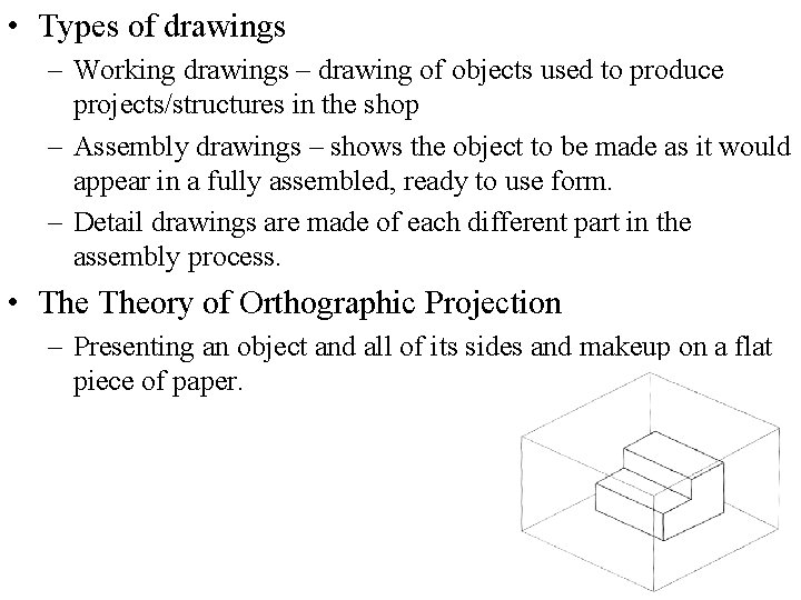  • Types of drawings – Working drawings – drawing of objects used to