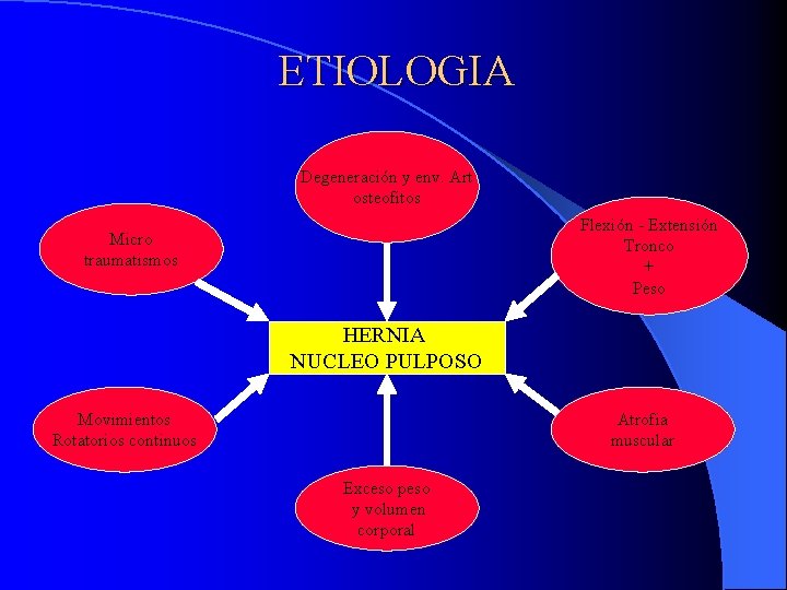 ETIOLOGIA Degeneración y env. Art osteofitos Flexión - Extensión Tronco + Peso Micro traumatismos