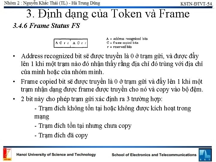 3. Định dạng của Token và Frame 3. 4. 6 Frame Status FS •