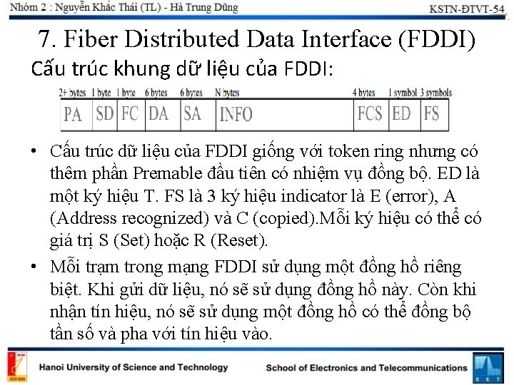 7. Fiber Distributed Data Interface (FDDI) Cấu trúc khung dữ liệu của FDDI: •