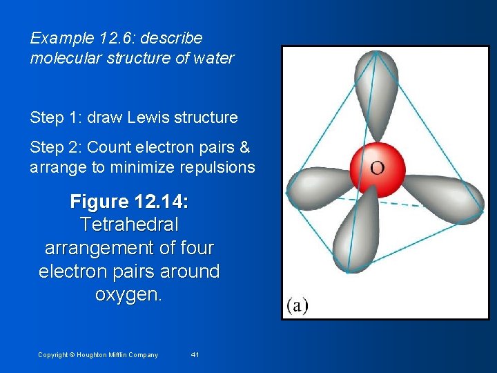 Example 12. 6: describe molecular structure of water Step 1: draw Lewis structure Step