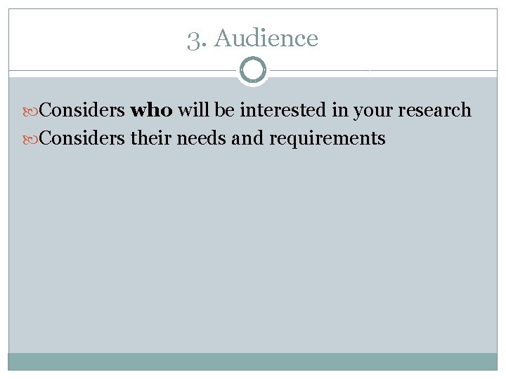 3. Audience Considers who will be interested in your research Considers their needs and