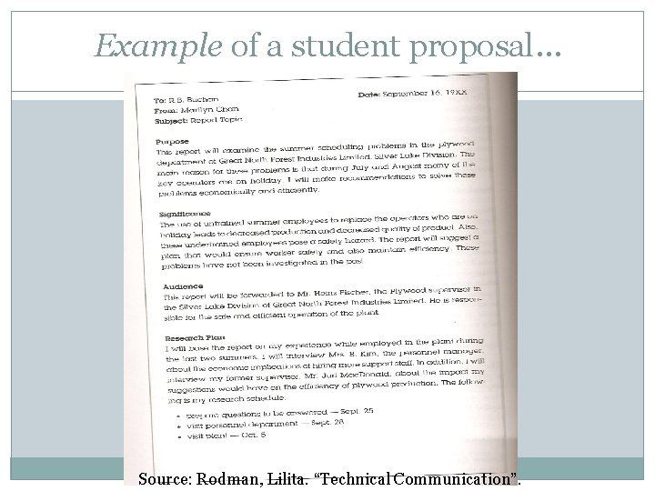Example of a student proposal… Source: Rodman, Lilita. “Technical Communication”. 