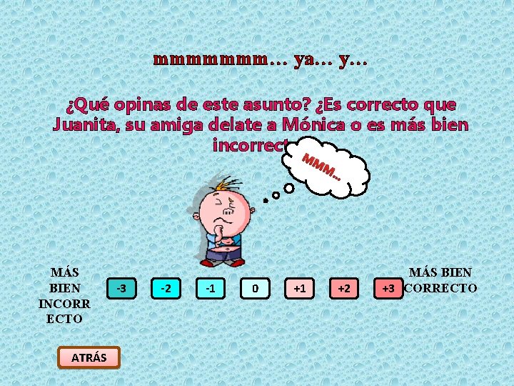 mmmmmmm… ya… y… ¿Qué opinas de este asunto? ¿Es correcto que Juanita, su amiga