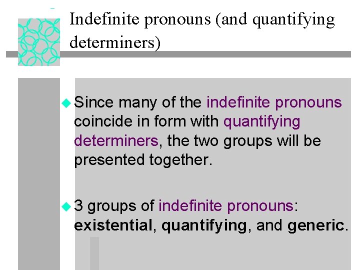 Indefinite pronouns (and quantifying determiners) u Since many of the indefinite pronouns coincide in