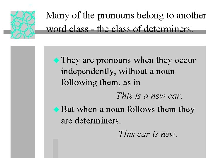 Many of the pronouns belong to another word class - the class of determiners.