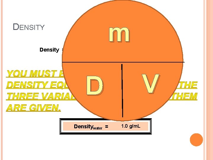 DENSITY Density = mass m volume D Densitywater = = g m. L or