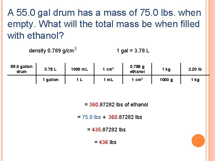 A 55. 0 gal drum has a mass of 75. 0 lbs. when empty.