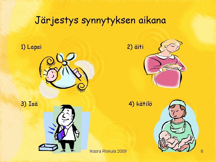 Järjestys synnytyksen aikana 1) Lapsi 2) äiti 3) Isä 4) kätilö Noora Riskula 2009