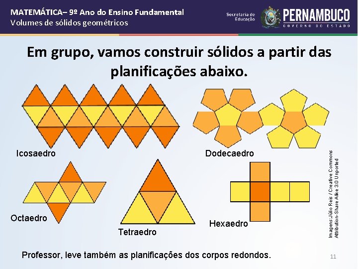 MATEMÁTICA– 9º Ano do Ensino Fundamental Volumes de sólidos geométricos Icosaedro Dodecaedro Octaedro Tetraedro