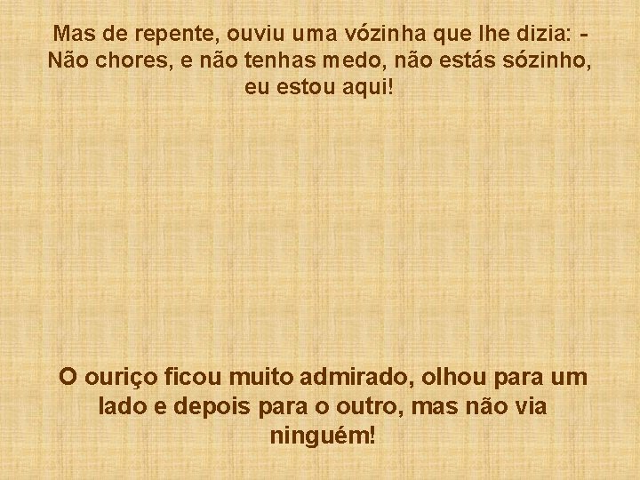 Mas de repente, ouviu uma vózinha que lhe dizia: Não chores, e não tenhas