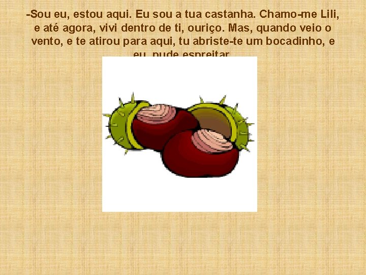 -Sou eu, estou aqui. Eu sou a tua castanha. Chamo-me Lili, e até agora,