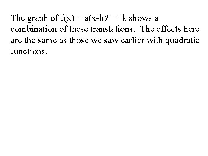 The graph of f(x) = a(x-h)n + k shows a combination of these translations.