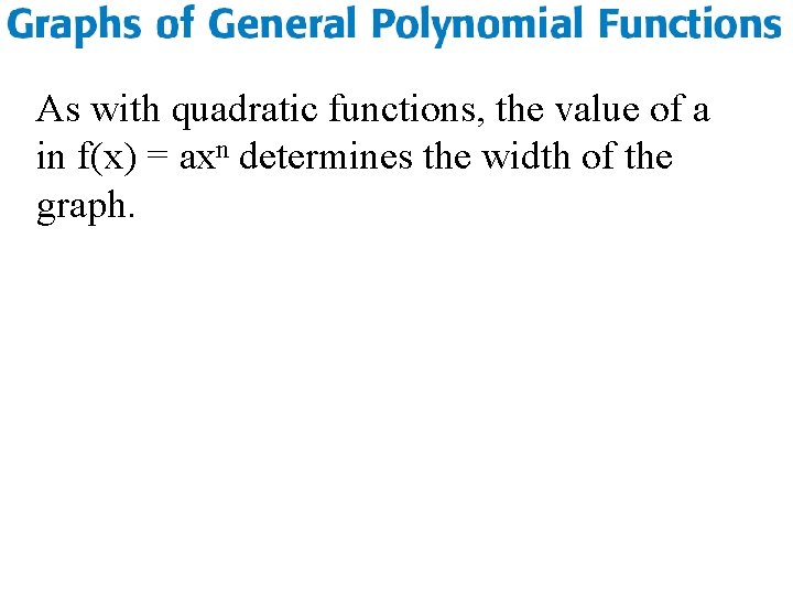 As with quadratic functions, the value of a in f(x) = axn determines the