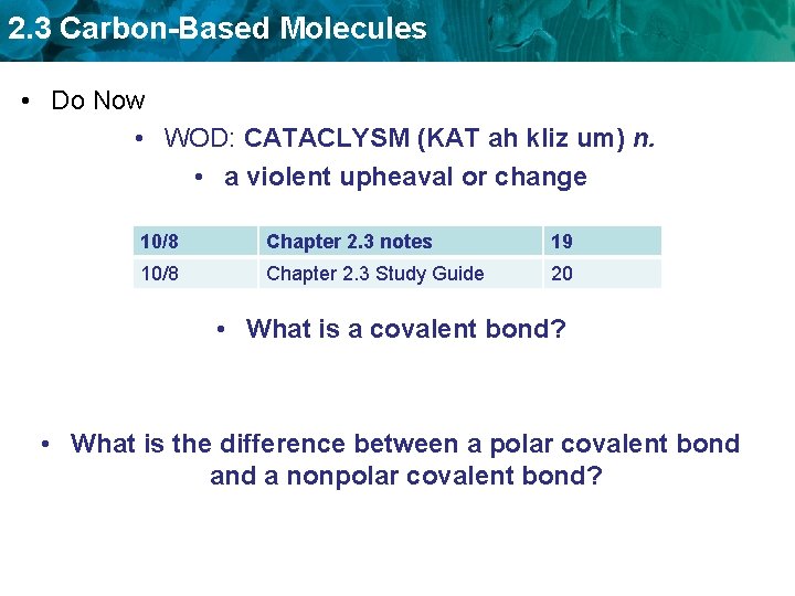 2. 3 Carbon-Based Molecules • Do Now • WOD: CATACLYSM (KAT ah kliz um)