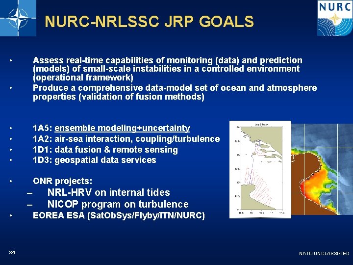 NURC-NRLSSC JRP GOALS • Assess real-time capabilities of monitoring (data) and prediction (models) of