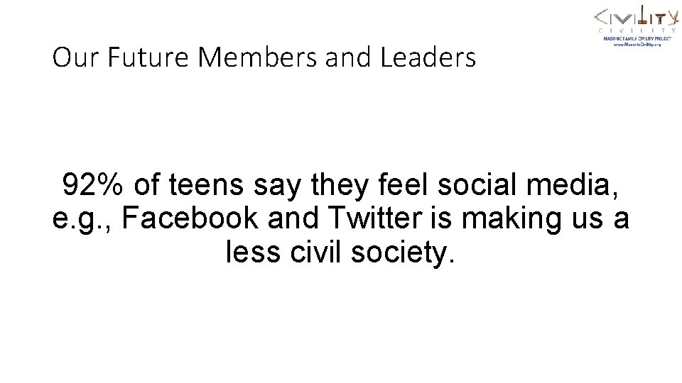 Our Future Members and Leaders 92% of teens say they feel social media, e.