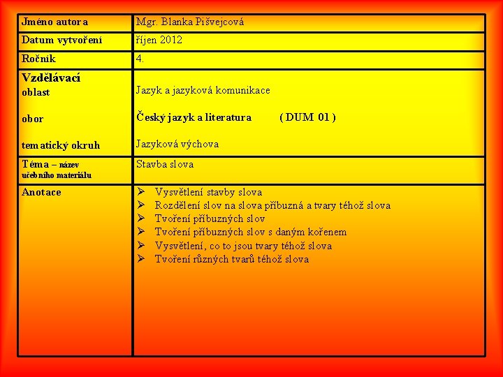 Jméno autora Mgr. Blanka Pišvejcová Datum vytvoření říjen 2012 Ročník 4. Vzdělávací oblast Jazyk