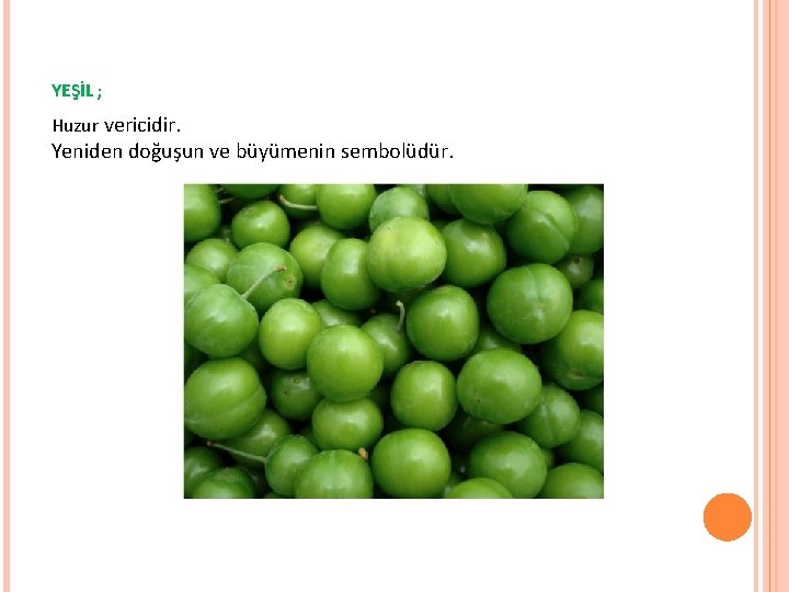 YEŞİL ; Huzur vericidir. Yeniden doğuşun ve büyümenin sembolüdür. YEŞİL ; Huzur vericidir. Yeniden doğuşun ve büyümenin sembolüdür.