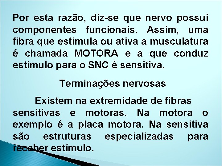 Por esta razão, diz-se que nervo possui componentes funcionais. Assim, uma fibra que estimula