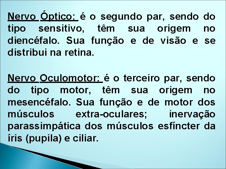 Nervo Óptico: é o segundo par, sendo do tipo sensitivo, têm sua origem no