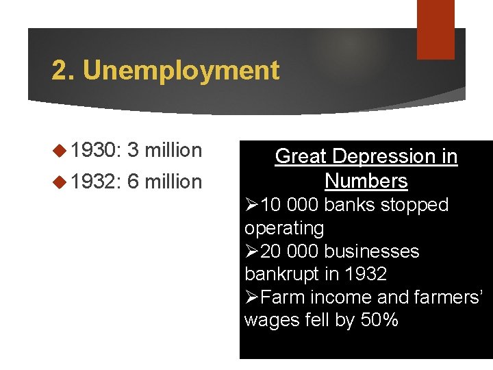 2. Unemployment 1930: 3 million 1932: 6 million Great Depression in Numbers Ø 10