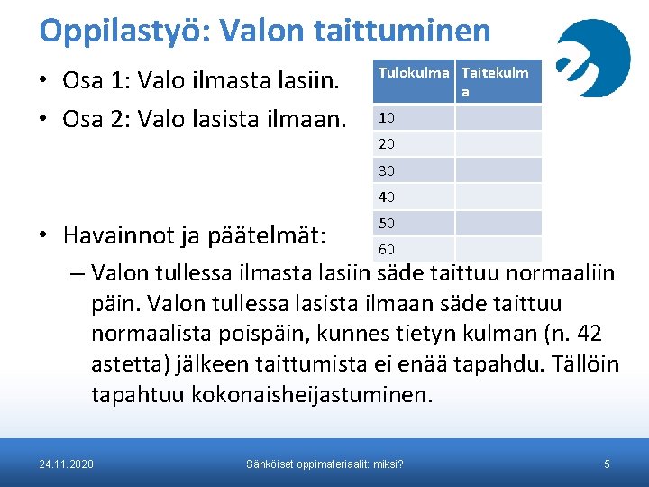 Oppilastyö: Valon taittuminen • Osa 1: Valo ilmasta lasiin. • Osa 2: Valo lasista