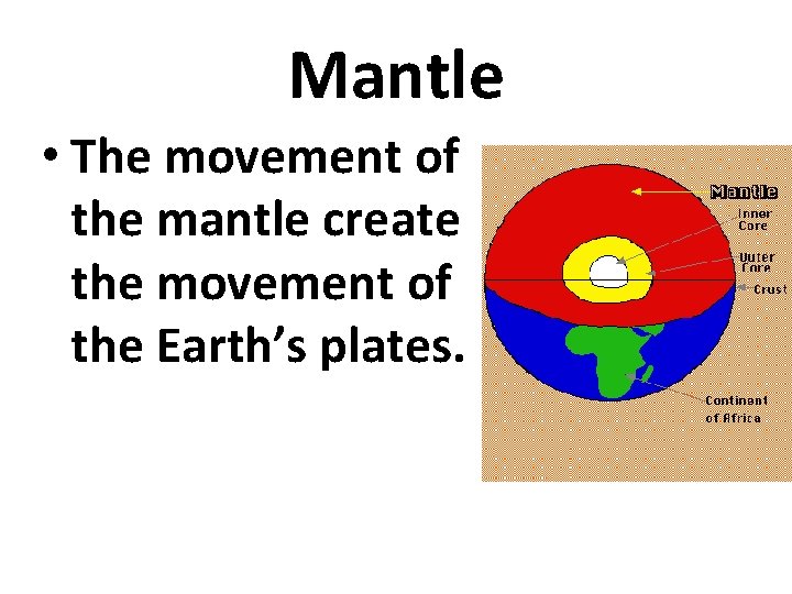 Mantle • The movement of the mantle create the movement of the Earth’s plates.