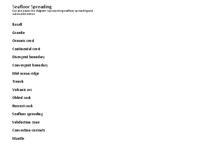 Seafloor Spreading Cut and paste the diagram representing seafloor spreading and subduction zones Basalt