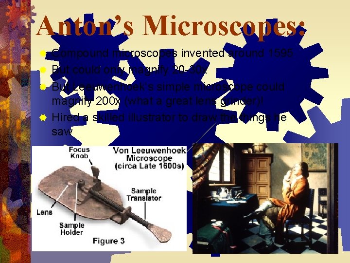 Anton’s Microscopes: Compound microscopes invented around 1595 ® But could only magnify 20 -30