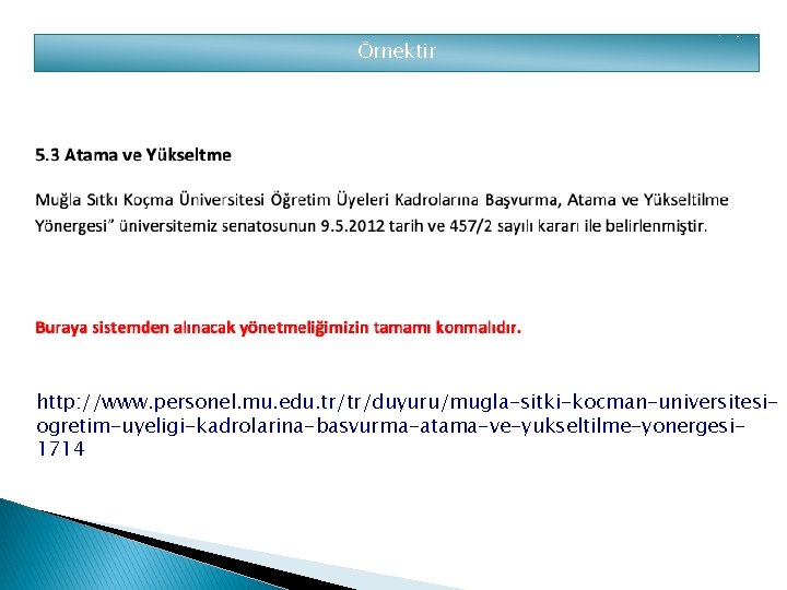 Örnektir http: //www. personel. mu. edu. tr/tr/duyuru/mugla-sitki-kocman-universitesiogretim-uyeligi-kadrolarina-basvurma-atama-ve-yukseltilme-yonergesi 1714 