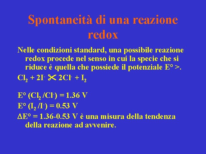 Spontaneità di una reazione redox Nelle condizioni standard, una possibile reazione redox procede nel Spontaneità di una reazione redox Nelle condizioni standard, una possibile reazione redox procede nel