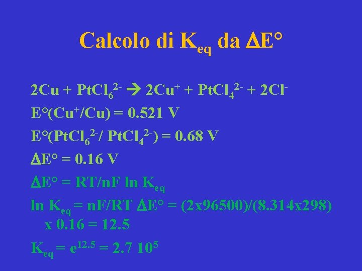Calcolo di Keq da DE° 2 Cu + Pt. Cl 62 - 2 Cu+ Calcolo di Keq da DE° 2 Cu + Pt. Cl 62 - 2 Cu+