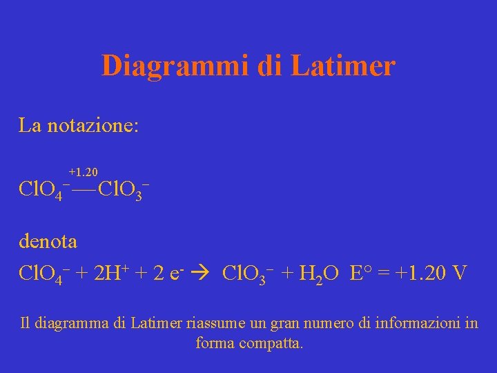 Diagrammi di Latimer La notazione: +1. 20 Cl. O 4 Cl. O 3 denota Diagrammi di Latimer La notazione: +1. 20 Cl. O 4 Cl. O 3 denota