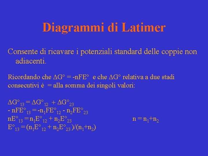 Diagrammi di Latimer Consente di ricavare i potenziali standard delle coppie non adiacenti. Ricordando Diagrammi di Latimer Consente di ricavare i potenziali standard delle coppie non adiacenti. Ricordando