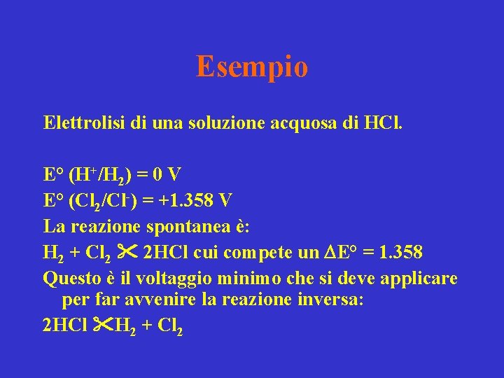Esempio Elettrolisi di una soluzione acquosa di HCl. E° (H+/H 2) = 0 V Esempio Elettrolisi di una soluzione acquosa di HCl. E° (H+/H 2) = 0 V