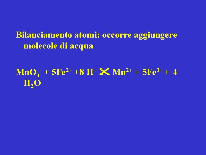 Bilanciamento atomi: occorre aggiungere molecole di acqua Mn. O 4 - + 5 Fe Bilanciamento atomi: occorre aggiungere molecole di acqua Mn. O 4 - + 5 Fe
