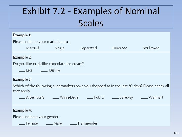 Exhibit 7. 2 - Examples of Nominal Scales 7 -11 