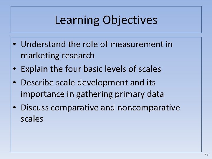 Learning Objectives • Understand the role of measurement in marketing research • Explain the