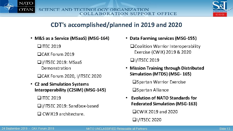 CDT's accomplished/planned in 2019 and 2020 • M&S as a Service (MSaa. S) (MSG-164)