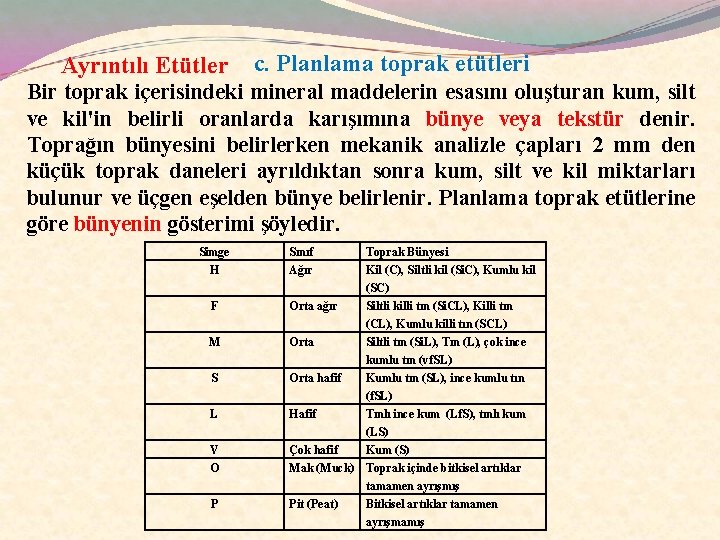 Ayrıntılı Etütler c. Planlama toprak etütleri Bir toprak içerisindeki mineral maddelerin esasını oluşturan kum,